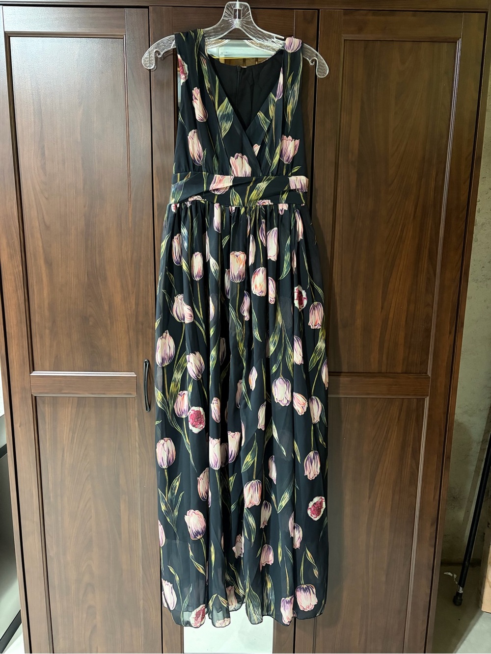 Black Floral Maxi Dress with Pink Tulip Print NEW
